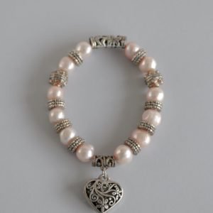 Pink Pearl and Bead Bracelet With Silver Heart