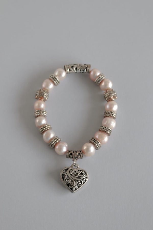 Pink Pearl and Bead Bracelet With Silver Heart