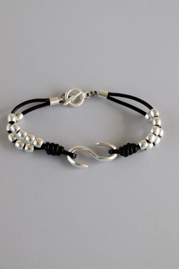 Beaded Faux Leather Bracelet With Silver Beads