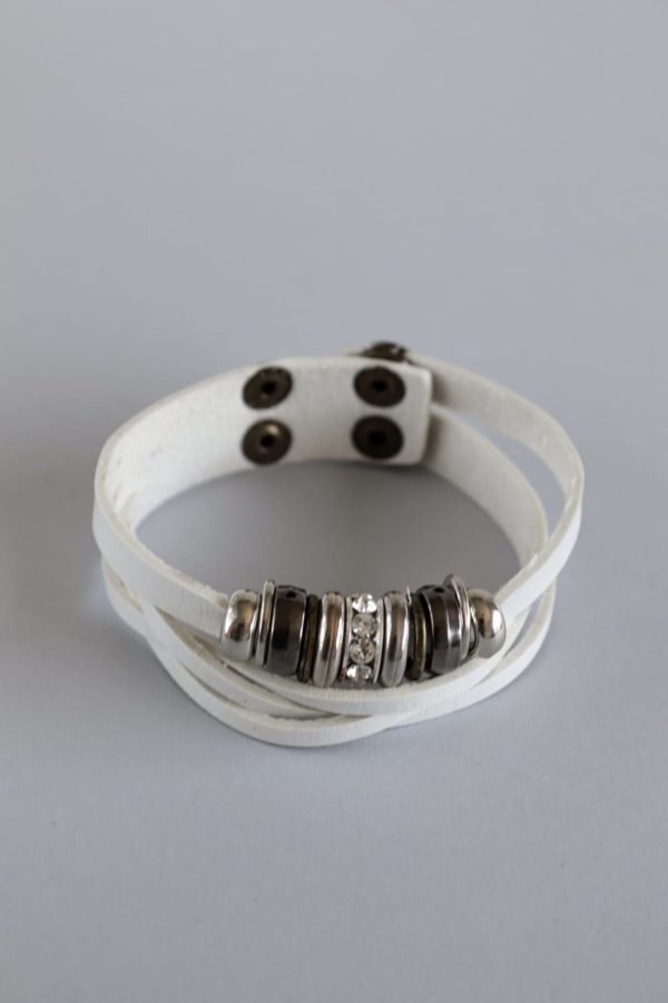 White Split Faux Leather Bracelet With Beads