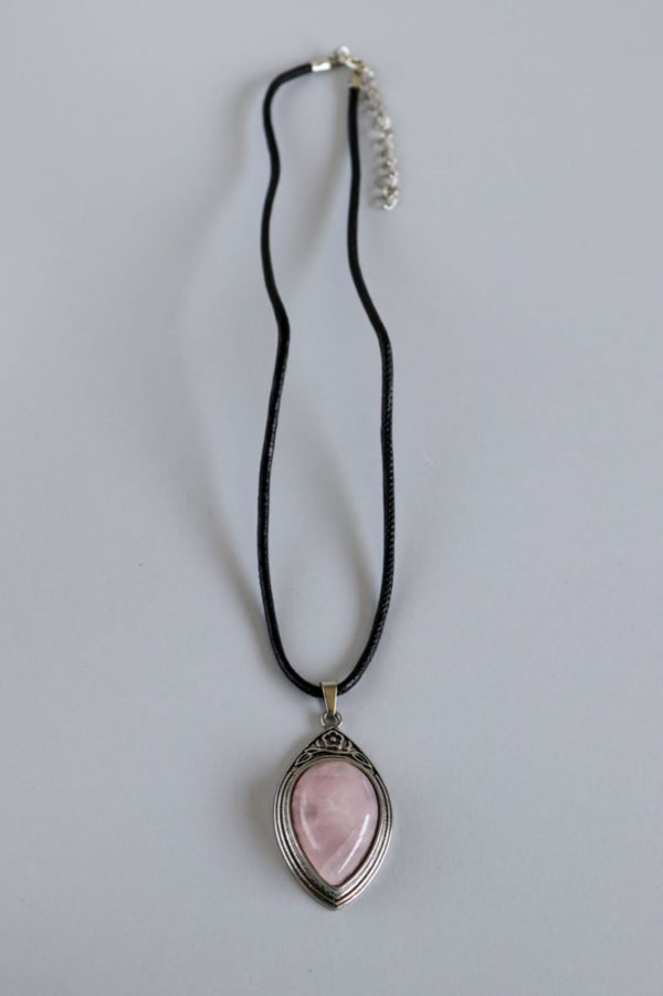 Faux Leather Necklace With a Pink Pendant In a Silver Frame