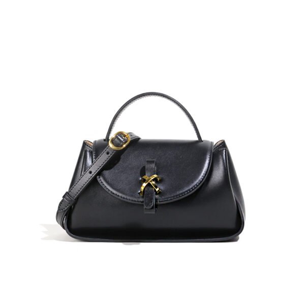 Black Leather Shoulder Bag With Magnetic Buckle