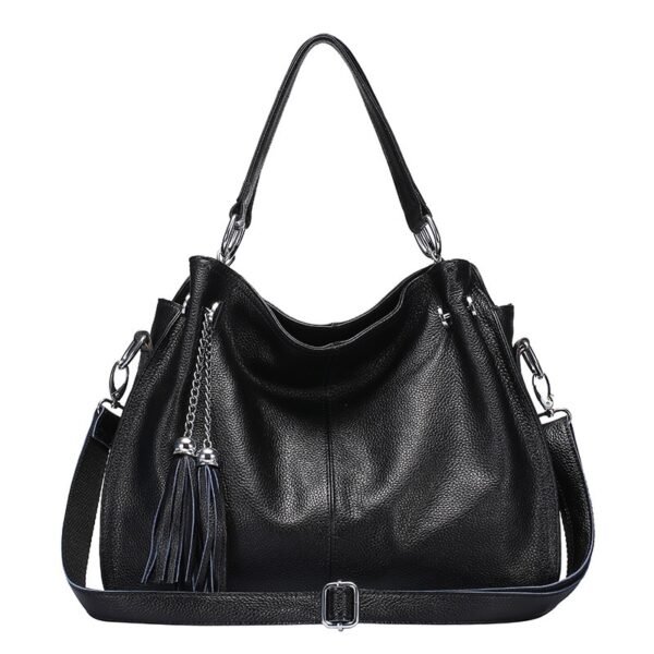 Genuine Leather Shoulder Handbag with Tassels Black