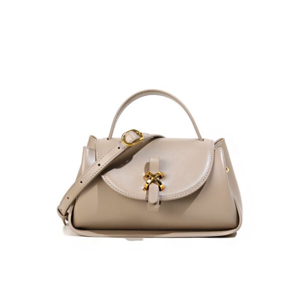 Cream Leather Shoulder Bag With Magnetic Buckle