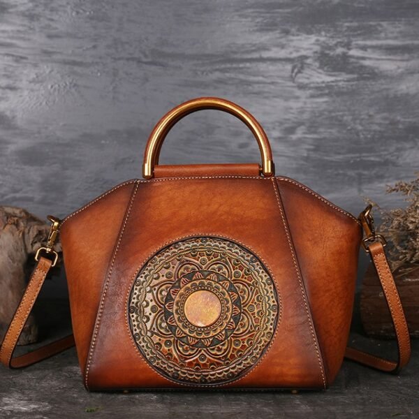 Genuine Leather Shoulder bag with Mandala Pattern tan