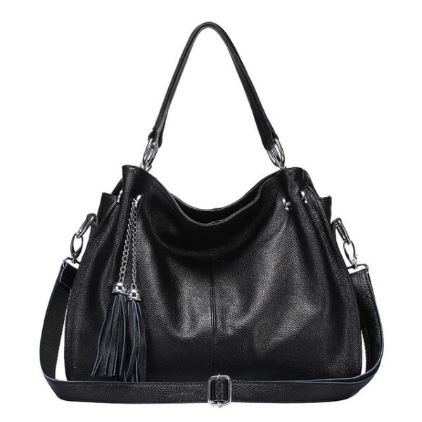 Black Genuine Leather Shoulder Handbag with Tassels