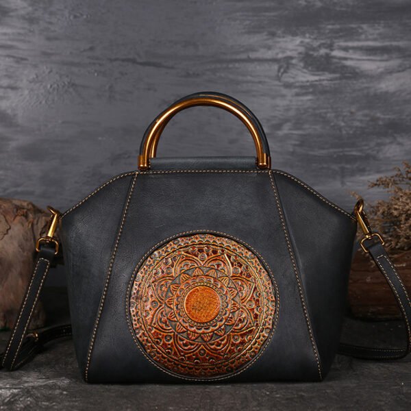 Genuine Leather Shoulder bag with Mandala Pattern grey